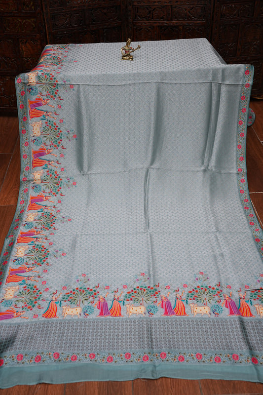 Kashmiri Pashmina Mellow Tissue Banarasi Saree - Aqua Blue
