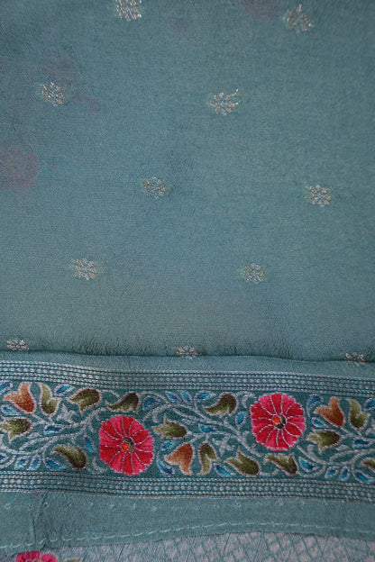 Kashmiri Pashmina Mellow Tissue Banarasi Saree - Aqua Blue