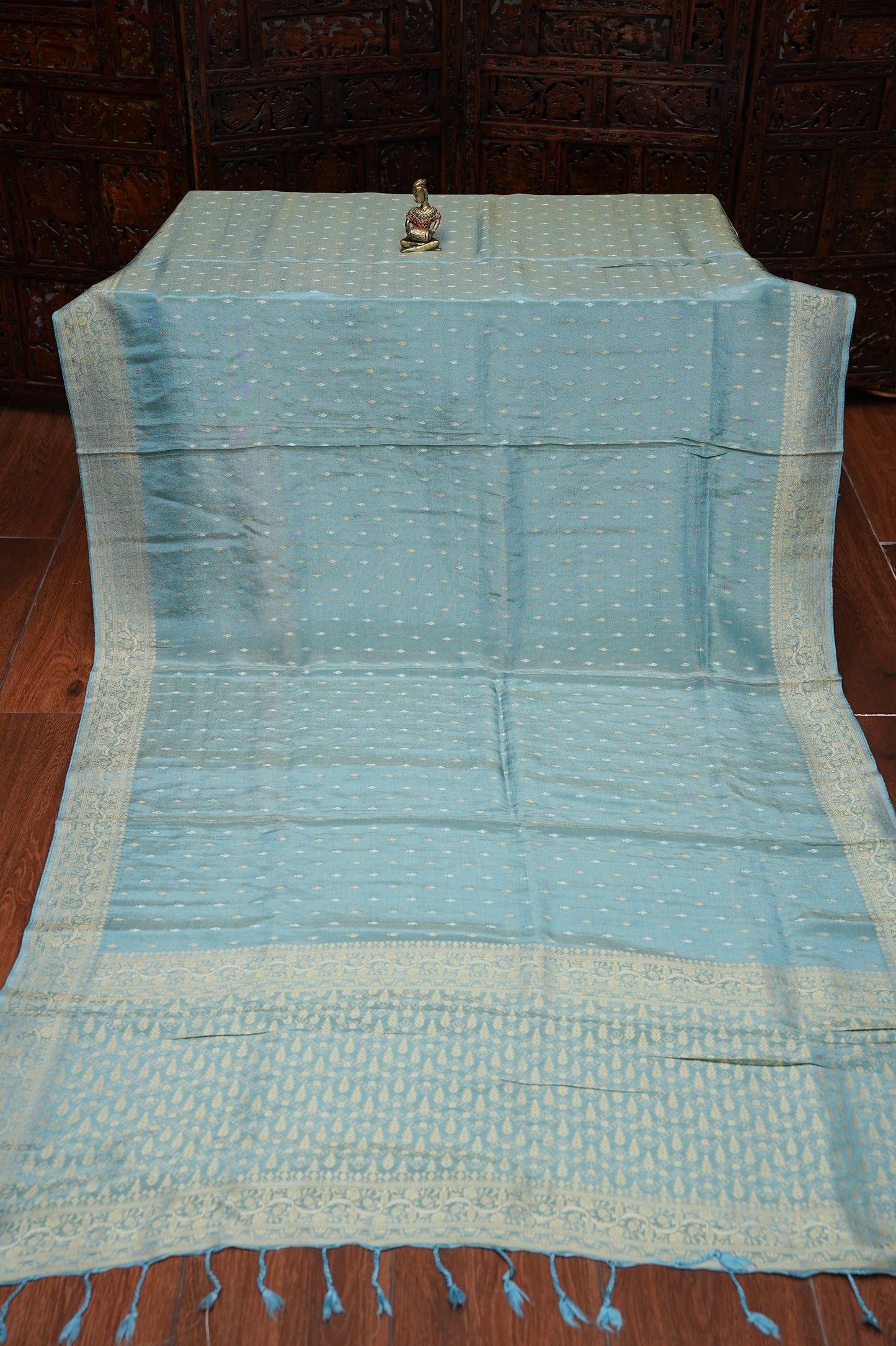 Kashmiri Pashmina Mellow Tissue Banarasi Saree - Aqua Blue