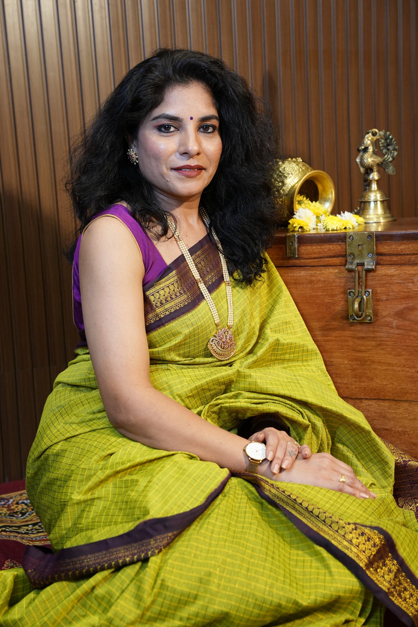 Checkered Kalyani Cotton Silk Saree - Green