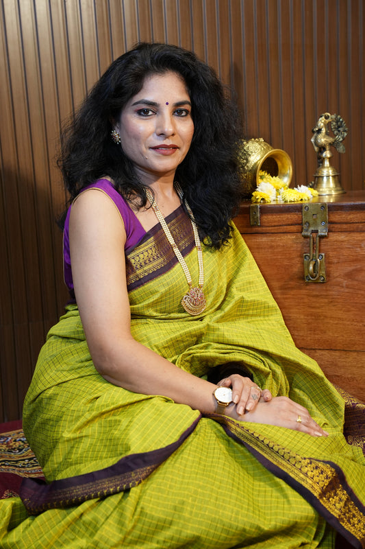 Checkered Kalyani Cotton Silk Saree - Green