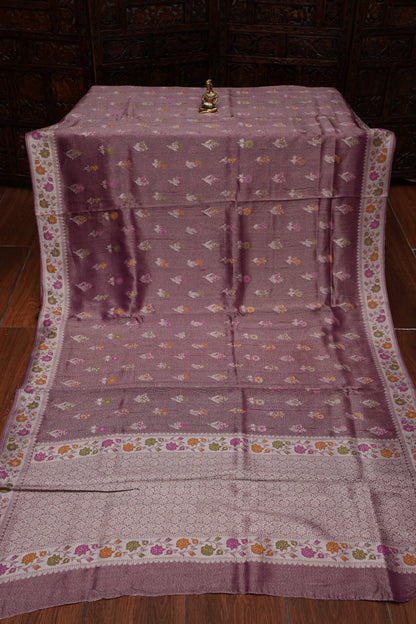 Mellow Wine Tissue Saree with Banarasi Silver Weaving & Paithani Borders