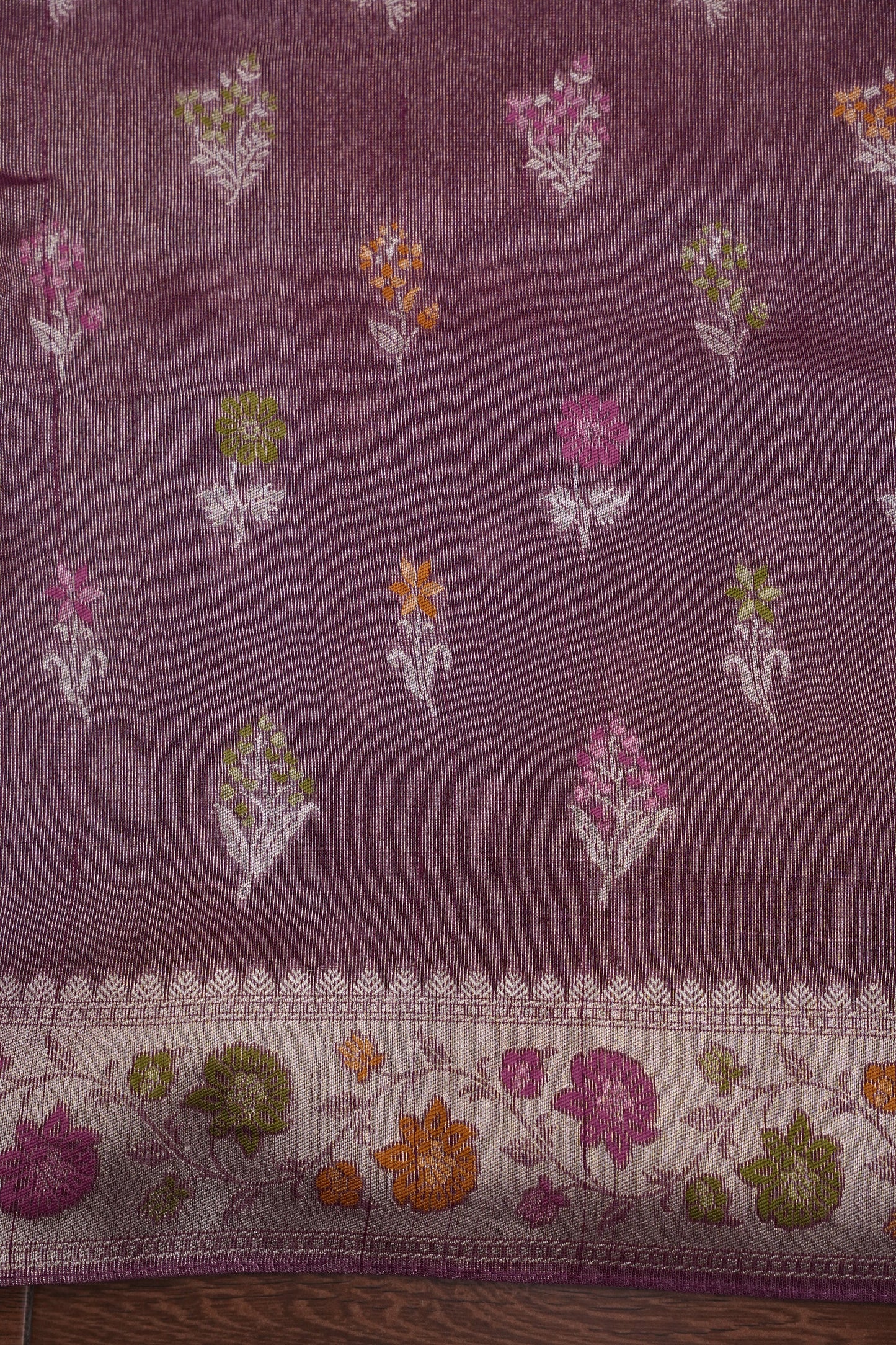 Mellow Wine Tissue Saree with Banarasi Silver Weaving & Paithani Borders