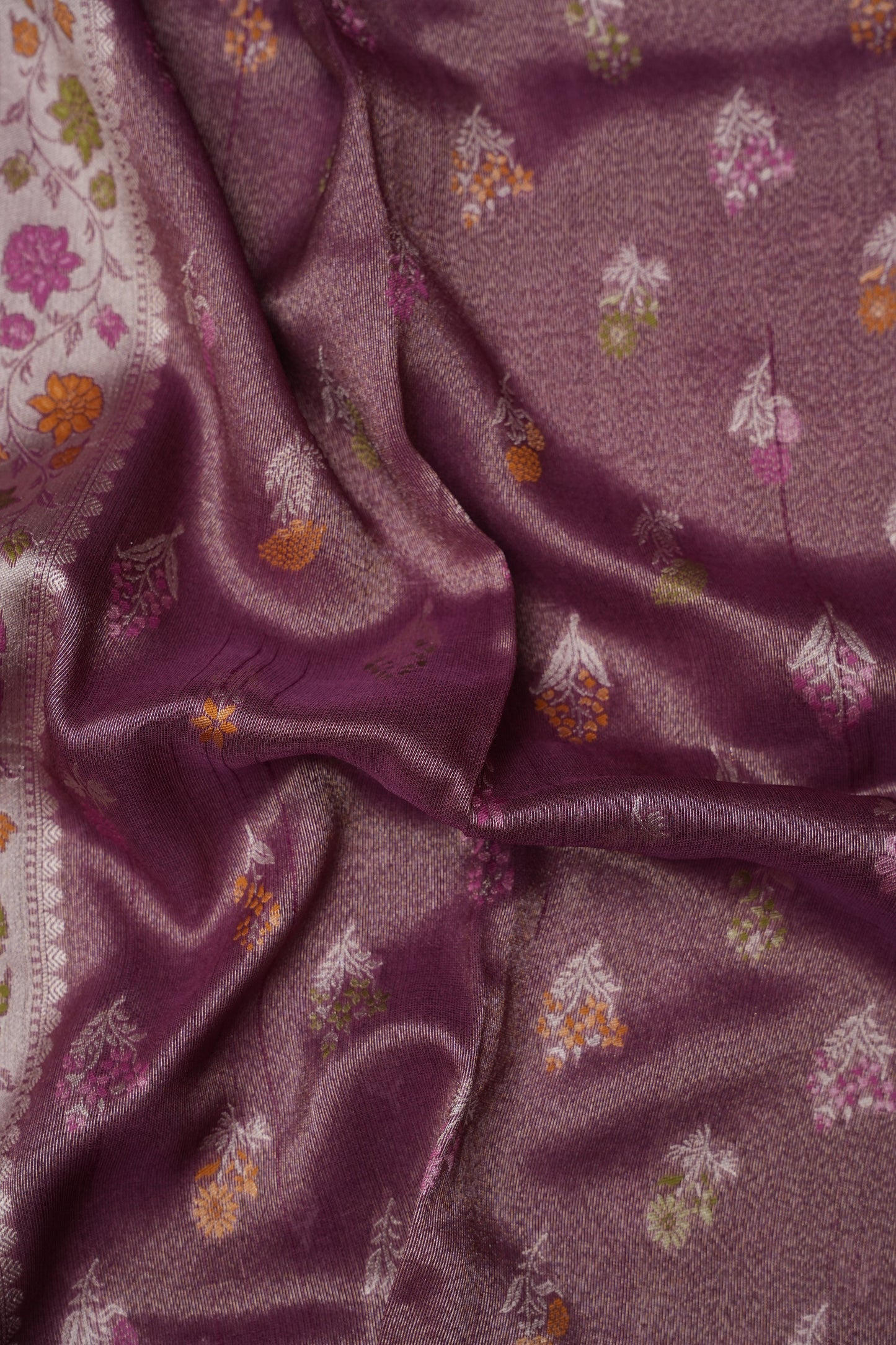 Mellow Wine Tissue Saree with Banarasi Silver Weaving & Paithani Borders