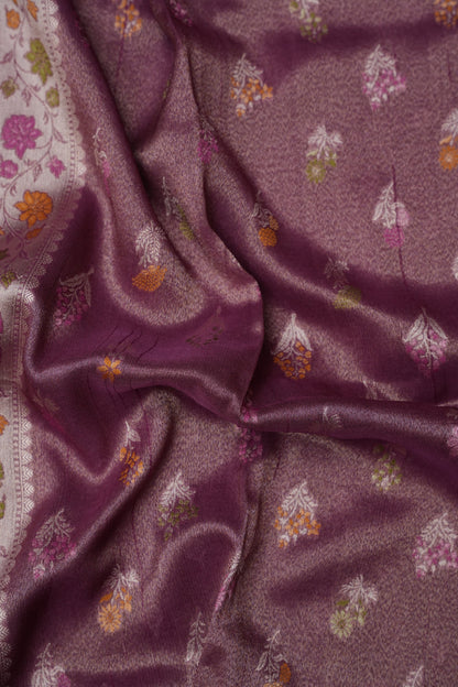 Mellow Wine Tissue Saree with Banarasi Silver Weaving & Paithani Borders