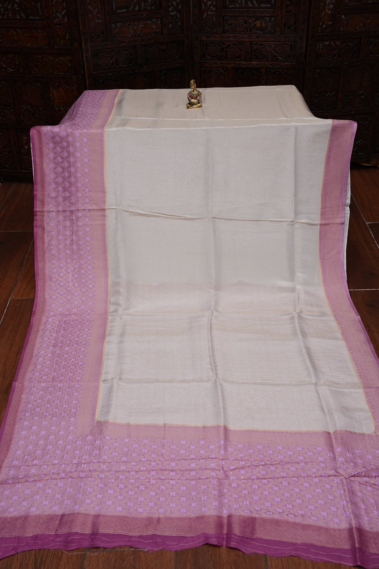 Kashmiri Pashmina Mellow Tissue Banarasi Saree - Ivory & Baby PInk