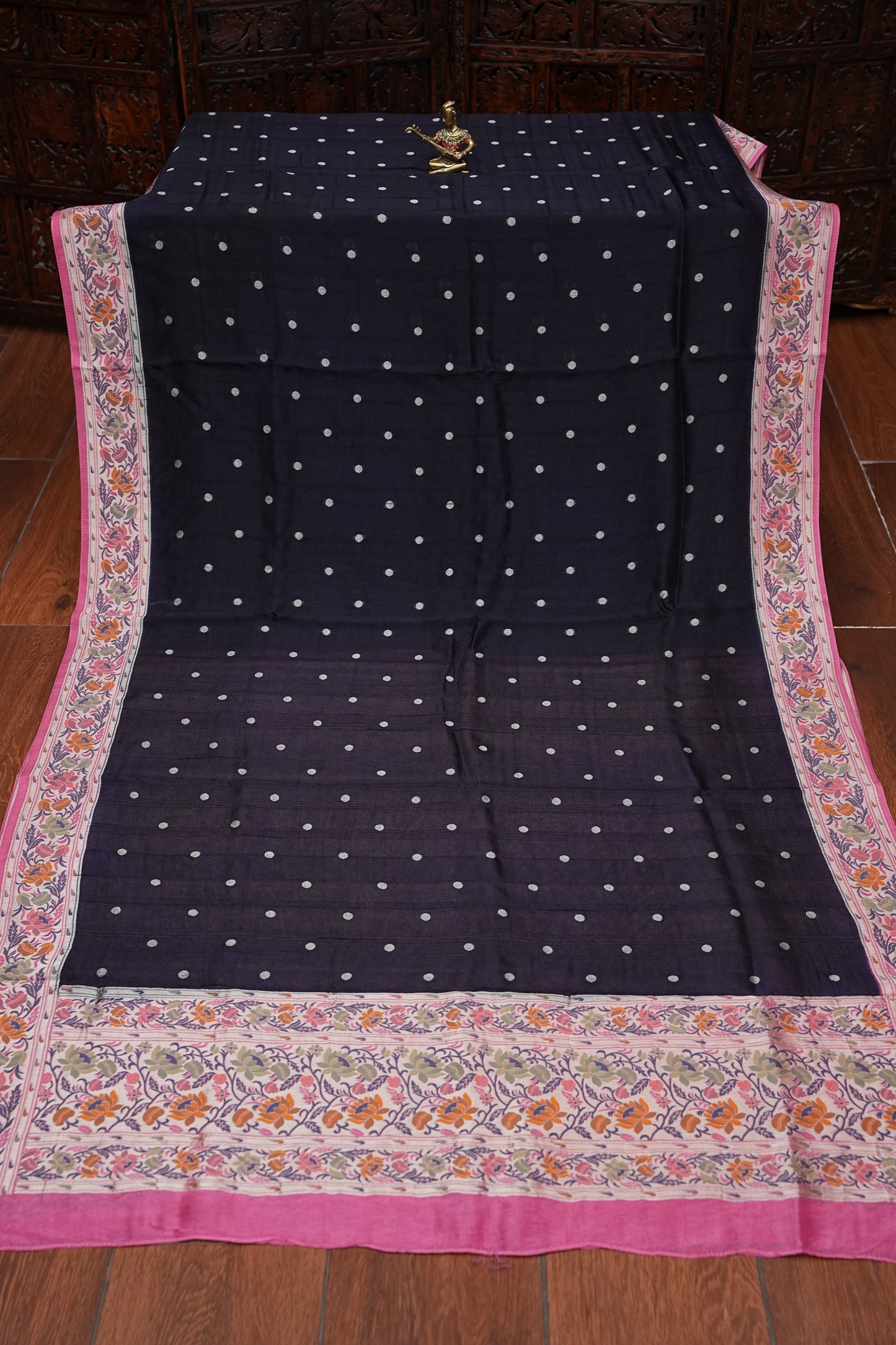 Tussar Banarasi Raw Silk Saree with Floral Paithani Weaves – Black & Pink