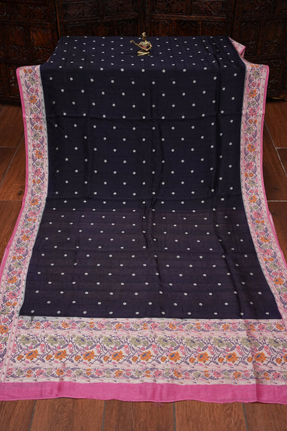 Tussar Banarasi Raw Silk Saree with Floral Paithani Weaves – Black & Pink