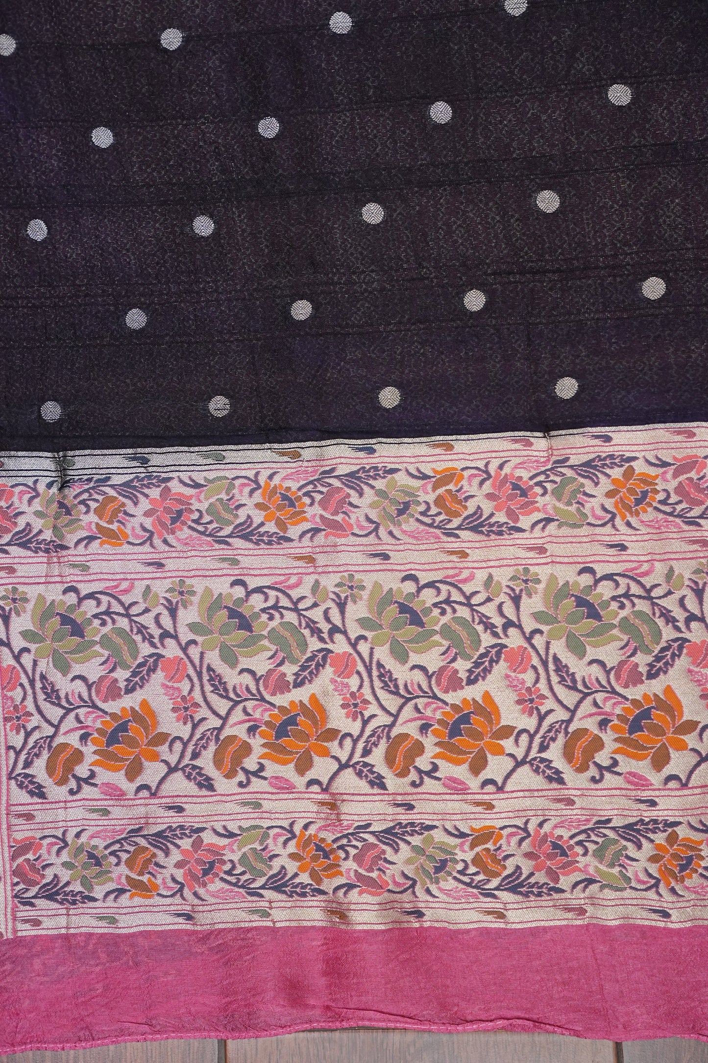 Tussar Banarasi Raw Silk Saree with Floral Paithani Weaves – Black & Pink