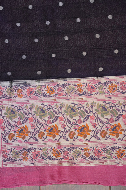 Tussar Banarasi Raw Silk Saree with Floral Paithani Weaves – Black & Pink