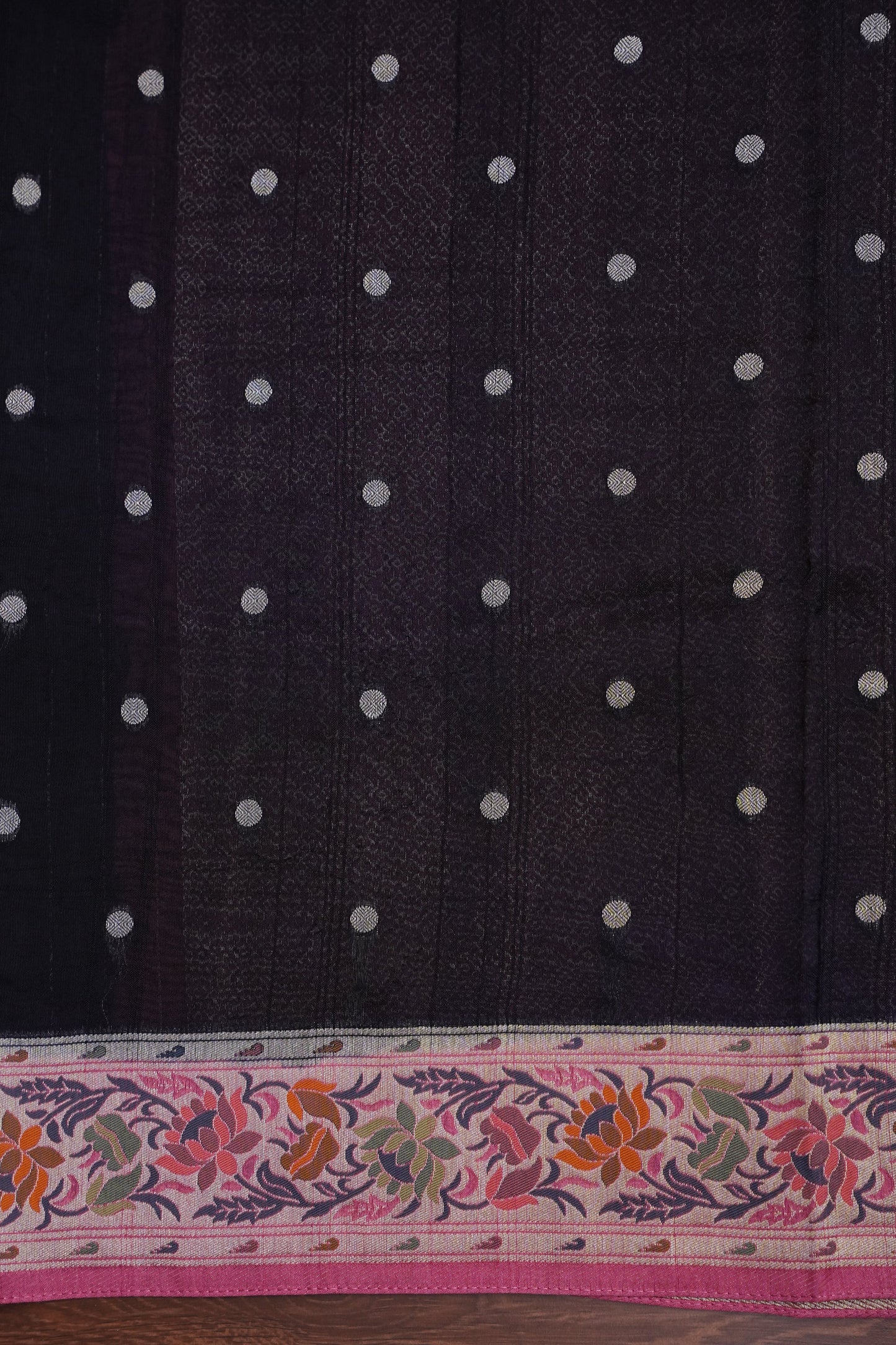 Tussar Banarasi Raw Silk Saree with Floral Paithani Weaves – Black & Pink