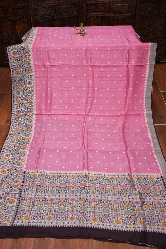 Tussar Banarasi Raw Silk Saree with Floral Paithani Weaves – Blush Pink & Deep Wine Border