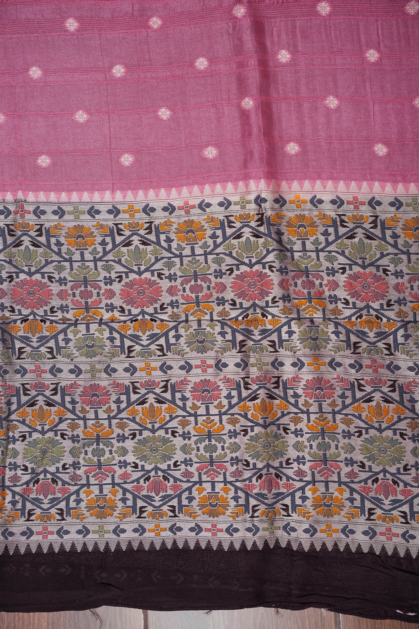 Tussar Banarasi Raw Silk Saree with Floral Paithani Weaves – Blush Pink & Deep Wine Border