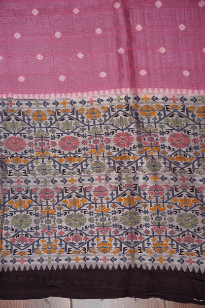 Tussar Banarasi Raw Silk Saree with Floral Paithani Weaves – Blush Pink & Deep Wine Border