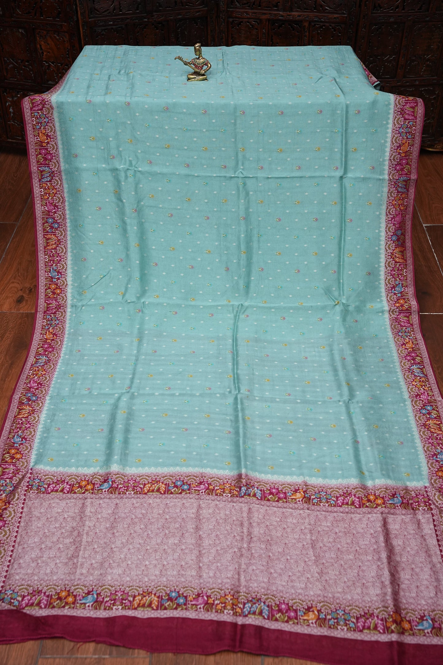 Tussar Banarasi Raw Silk Saree with Floral Paithani Weaves – Mint Green & Wine