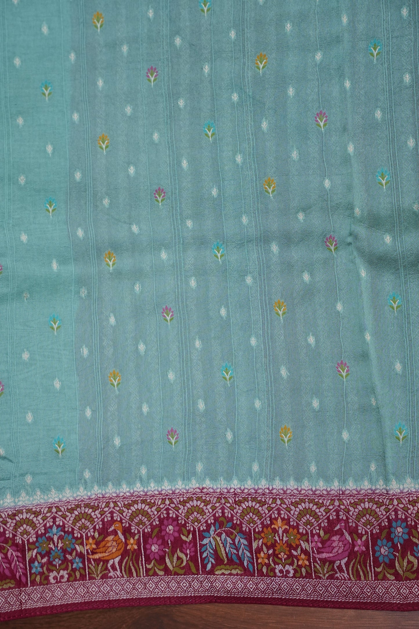Tussar Banarasi Raw Silk Saree with Floral Paithani Weaves – Mint Green & Wine