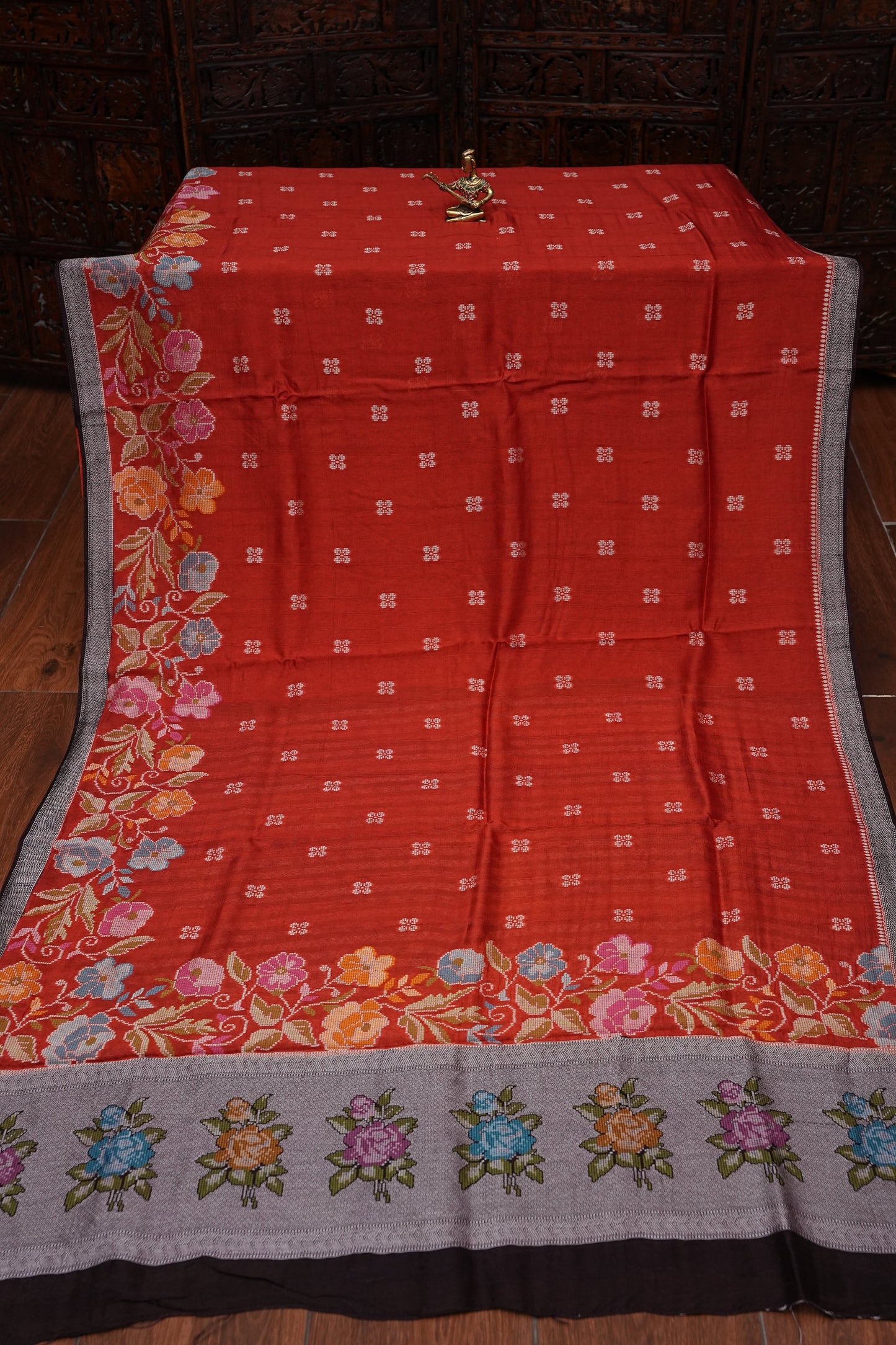 Tussar Banarasi Raw Silk Saree with Floral Paithani Weaves – Burnt Orange & Black