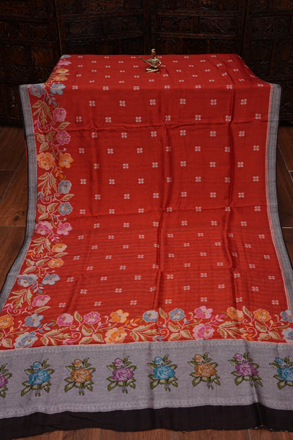 Tussar Banarasi Raw Silk Saree with Floral Paithani Weaves – Burnt Orange & Black