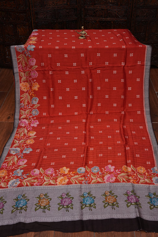 Tussar Banarasi Raw Silk Saree with Floral Paithani Weaves – Burnt Orange & Black