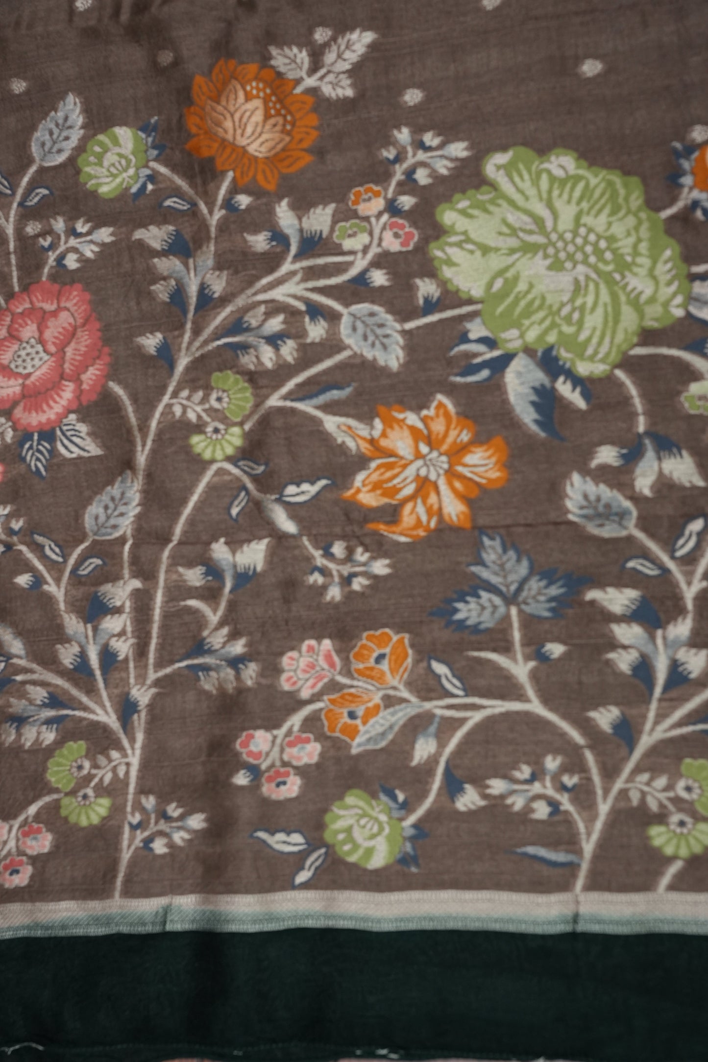 Tussar Banarasi Raw Silk Saree with Floral Digital Prints - Charcoal Grey