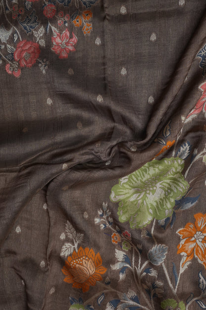 Tussar Banarasi Raw Silk Saree with Floral Digital Prints - Charcoal Grey