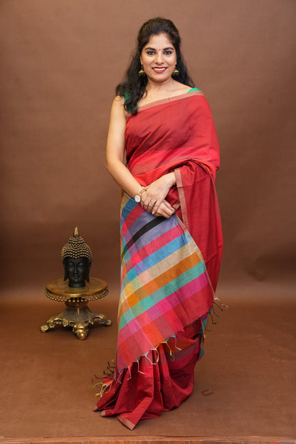 Checkered Cotton Saree - Beige