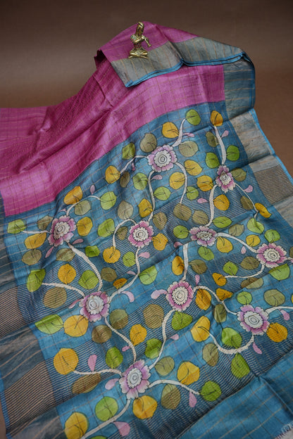 Premium Hand-Painted Tussar Silk Saree – Magenta Pink with Artistic Floral Pallu