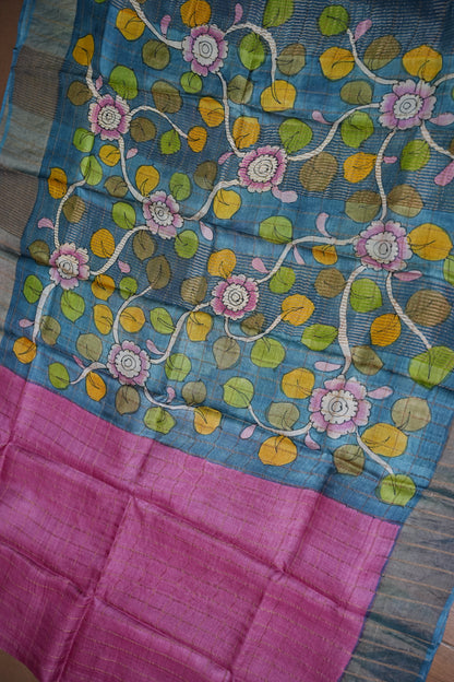 Premium Hand-Painted Tussar Silk Saree – Magenta Pink with Artistic Floral Pallu