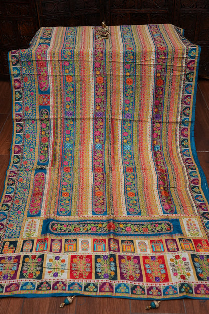 Kashmiri Pashmina Banarasi Story Telling Saree -Multicolor on Teal Blue