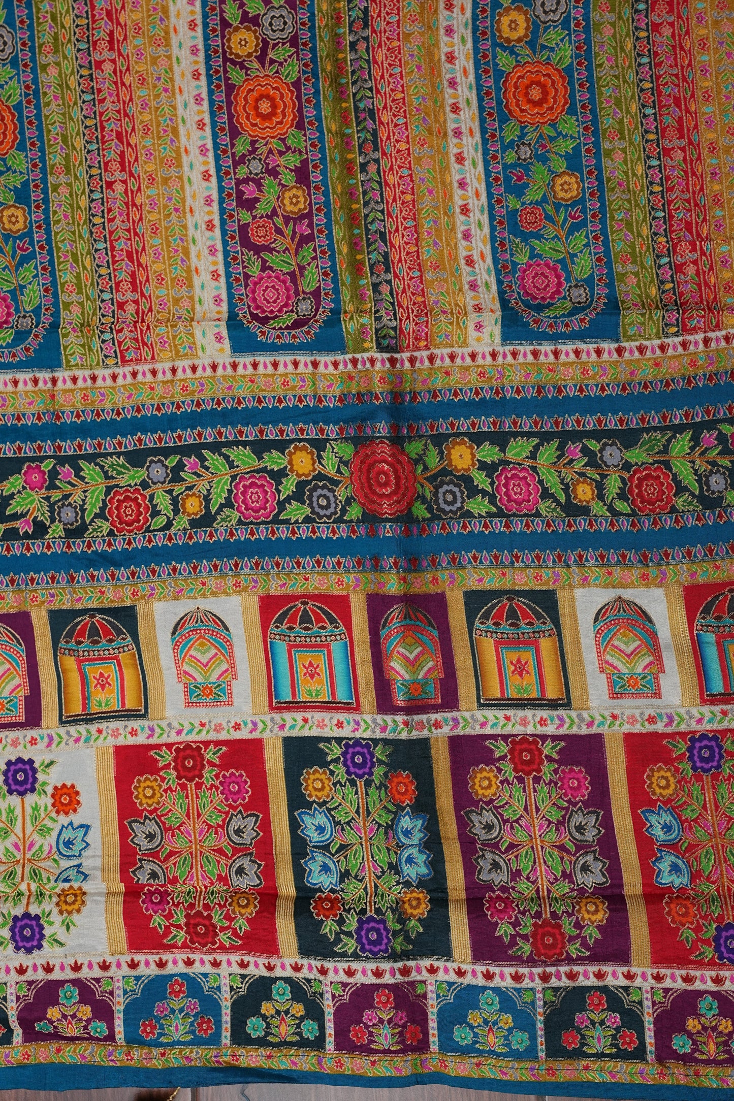 Kashmiri Pashmina Banarasi Story Telling Saree -Multicolor on Teal Blue