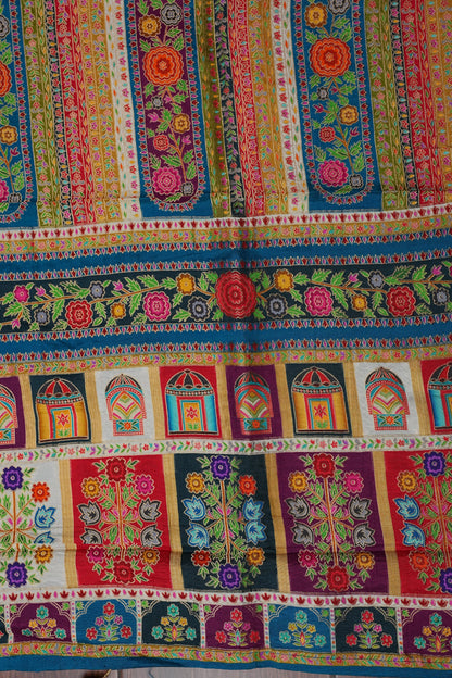 Kashmiri Pashmina Banarasi Story Telling Saree -Multicolor on Teal Blue