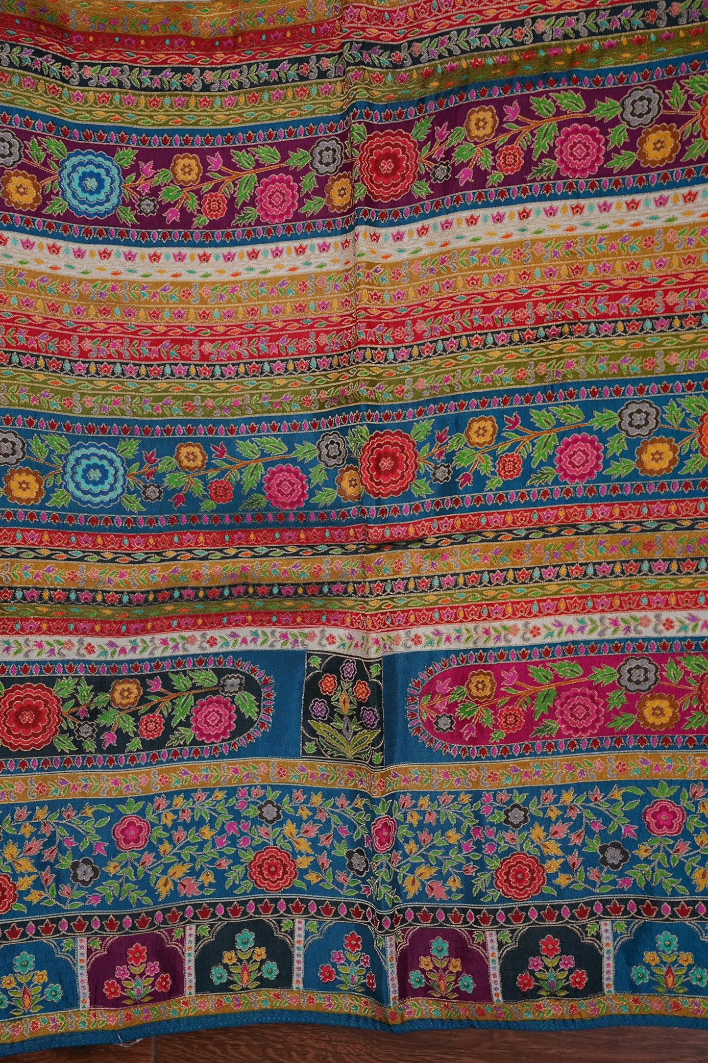 Kashmiri Pashmina Banarasi Story Telling Saree -Multicolor on Teal Blue