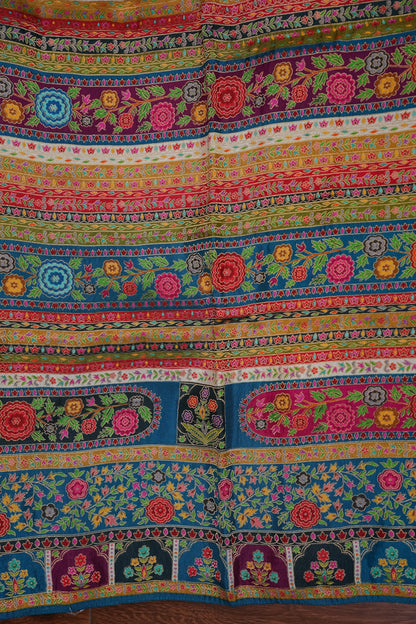 Kashmiri Pashmina Banarasi Story Telling Saree -Multicolor on Teal Blue