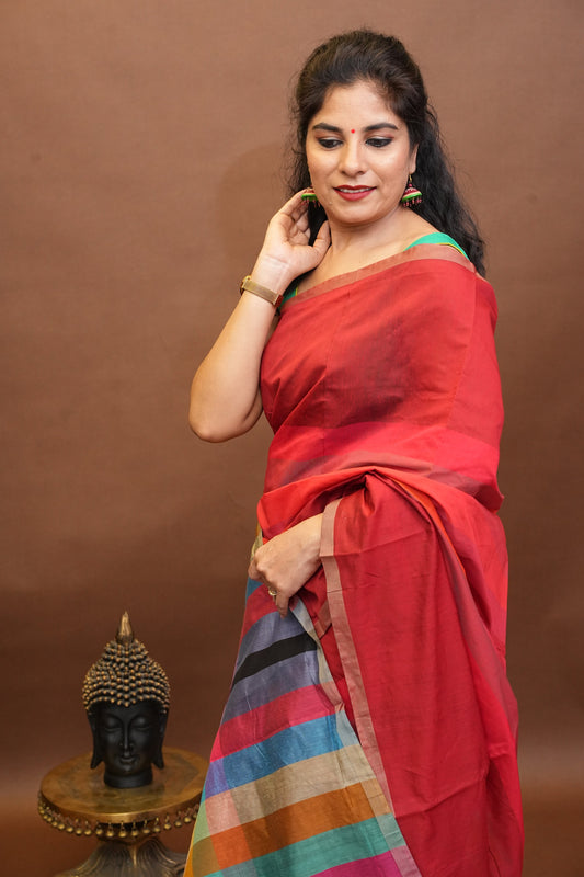 Checkered Cotton Saree - Red