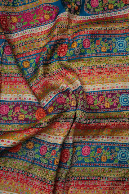 Kashmiri Pashmina Banarasi Story Telling Saree -Multicolor on Teal Blue