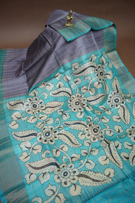 Premium Hand-Painted Tussar Silk Saree – Steel Grey with Aqua Blue Floral Pallu