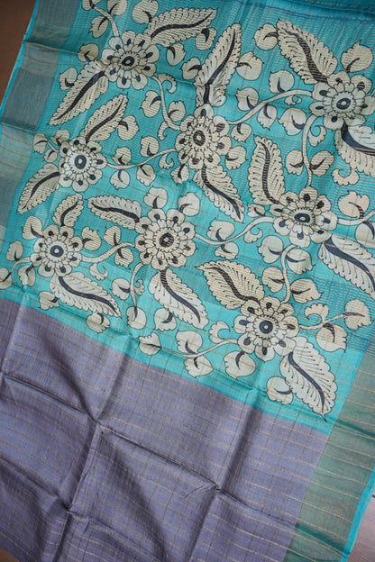 Premium Hand-Painted Tussar Silk Saree – Steel Grey with Aqua Blue Floral Pallu