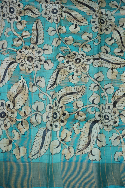 Premium Hand-Painted Tussar Silk Saree – Steel Grey with Aqua Blue Floral Pallu