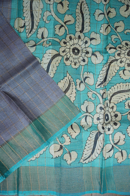 Premium Hand-Painted Tussar Silk Saree – Steel Grey with Aqua Blue Floral Pallu