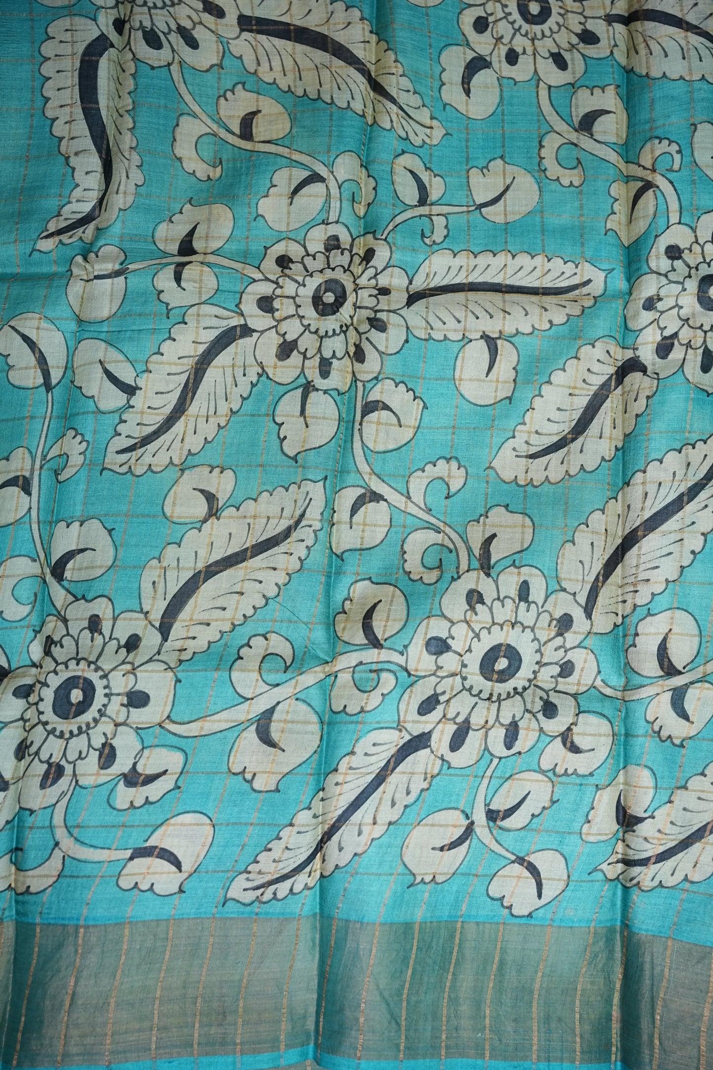 Premium Hand-Painted Tussar Silk Saree – Steel Grey with Aqua Blue Floral Pallu