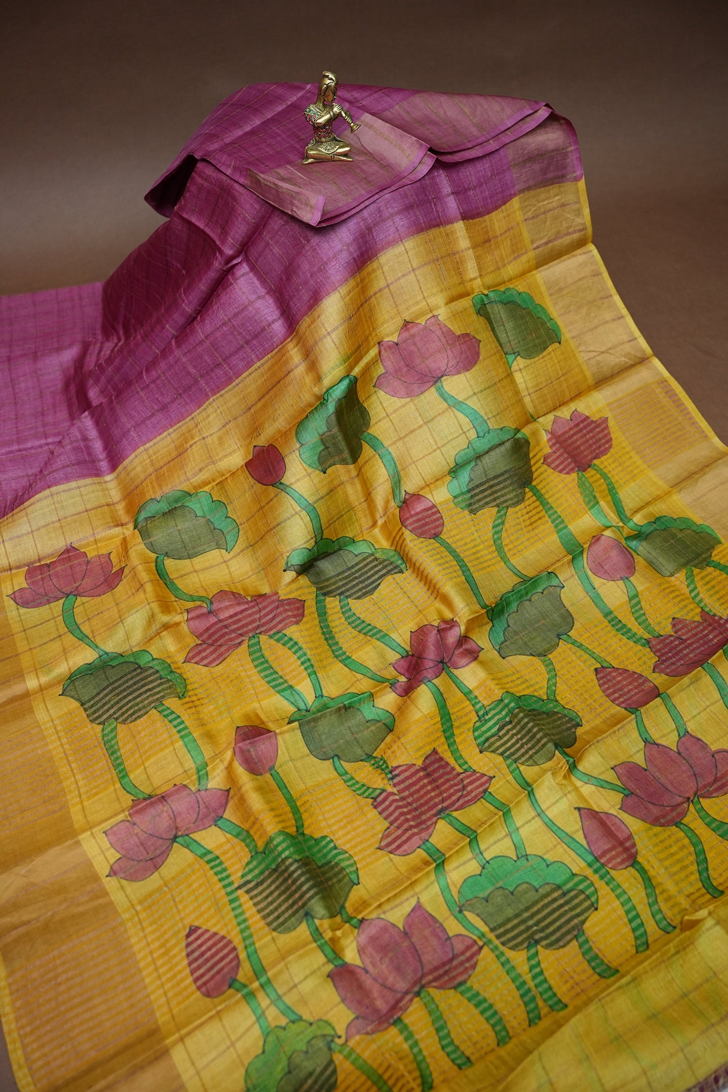 Premium Hand-Painted Tussar Silk Saree – Magenta with Mustard Yellow Lotus Pallu