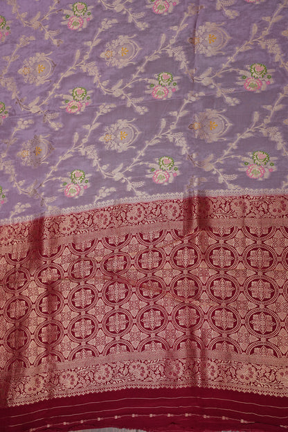 Banarasi Munga Silk Saree - Ice Lilac Lavender & Maroon