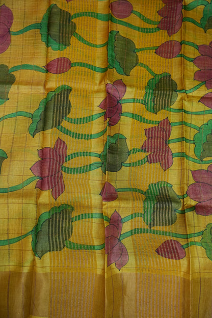 Premium Hand-Painted Tussar Silk Saree – Magenta with Mustard Yellow Lotus Pallu