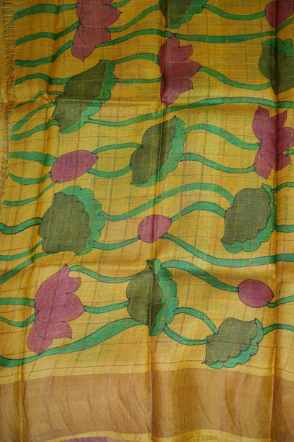 Premium Hand-Painted Tussar Silk Saree – Magenta with Mustard Yellow Lotus Pallu