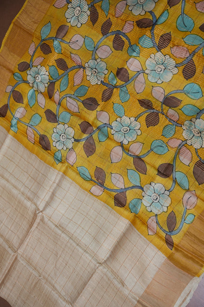 Premium Hand-Painted Tussar Silk Saree – Ivory with Mustard Floral Pallu