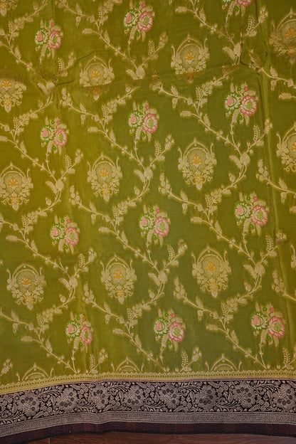 Banarasi Munga Silk Saree - Pistachio Green & Coffee