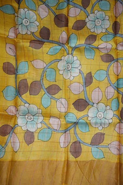 Premium Hand-Painted Tussar Silk Saree – Ivory with Mustard Floral Pallu