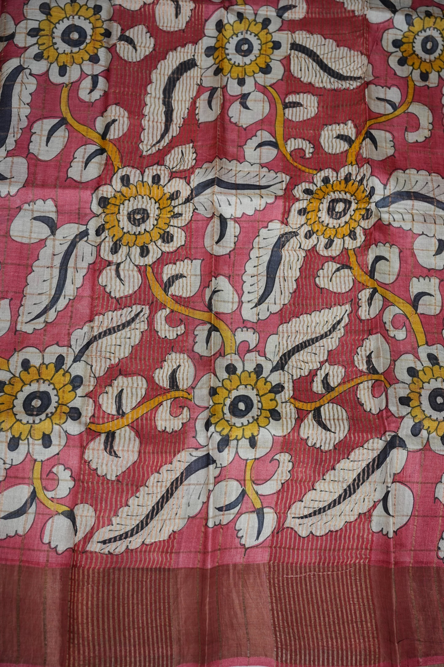 Premium Hand-Painted Tussar Silk Saree – Rich Dark Grey with Floral Kalamkari Pallu & Blouse