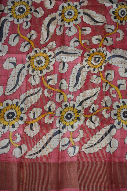 Premium Hand-Painted Tussar Silk Saree – Rich Dark Grey with Floral Kalamkari Pallu & Blouse