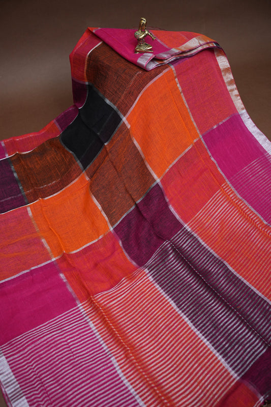 Premium Linen Silk Saree – Vibrant Colour Block Checks with Silver Zari Border